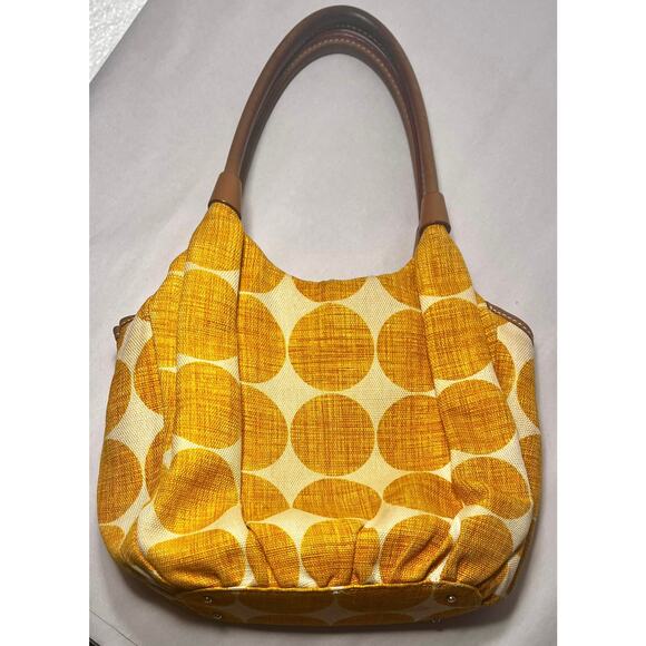 Kate Spade Hinkley Karen Bag Creme Marigold Polka Dot Canvas w/Leather Trim - Picture 2 of 10